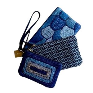 CHICO'S Mykonos Wristlet Set Of 3 Nesting Pouches Beaded Textured Denim Purses